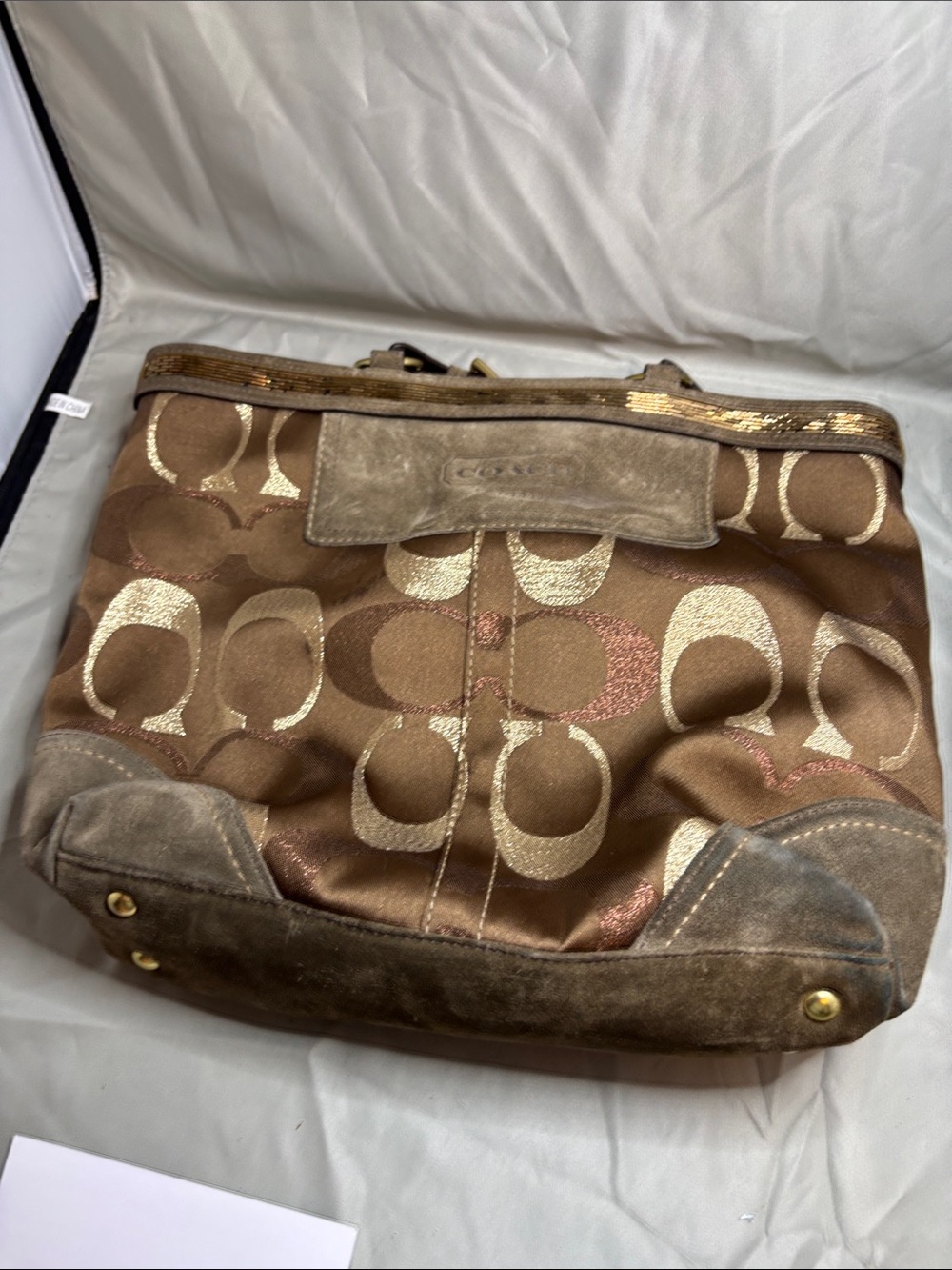 Coach Brown Signature Jacquard Messenger Bag with Gold Accents